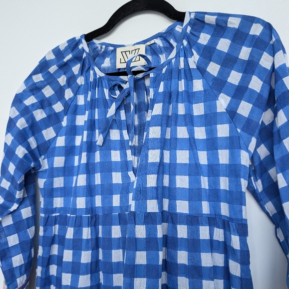 SZ Blockprints Tuckernuck Priya Dress London Blue Gingham Sz S Beachy Boho - Picture 8 of 14